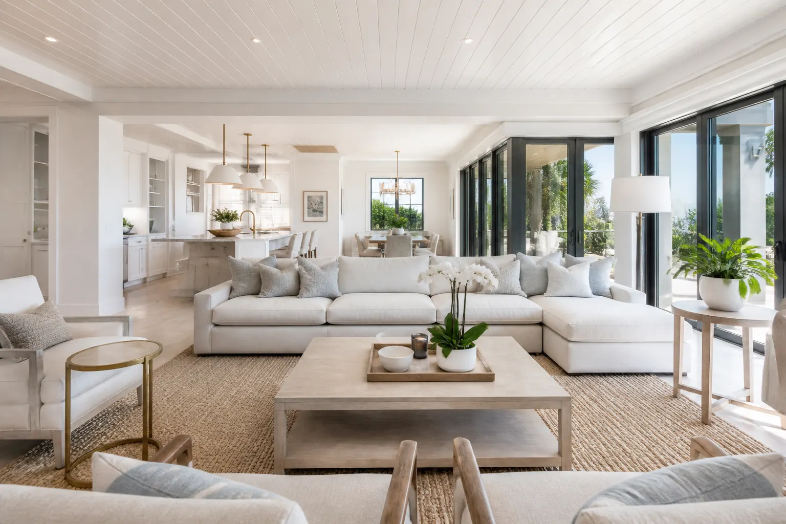 Completed coastal contemporary home construction with custom kitchen and garden views