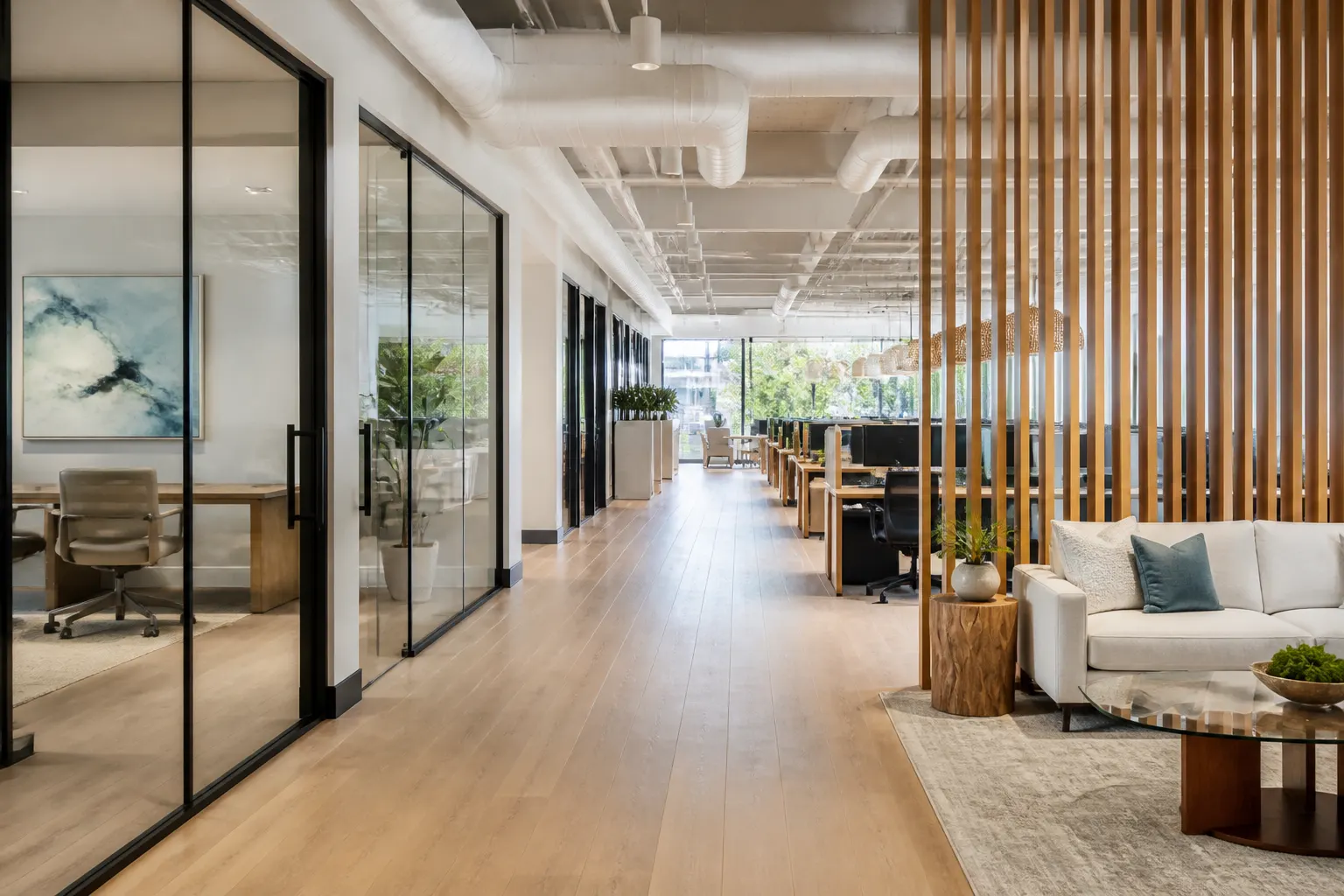 Warm modern office construction with wood and glass details